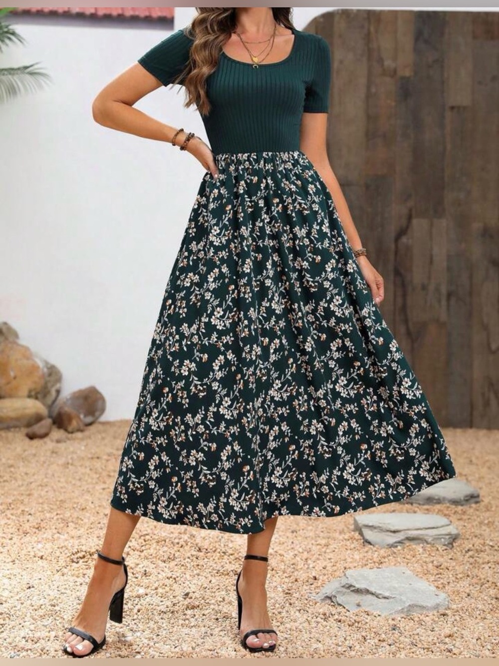 Dark Green Floral dress  - Women's Casual